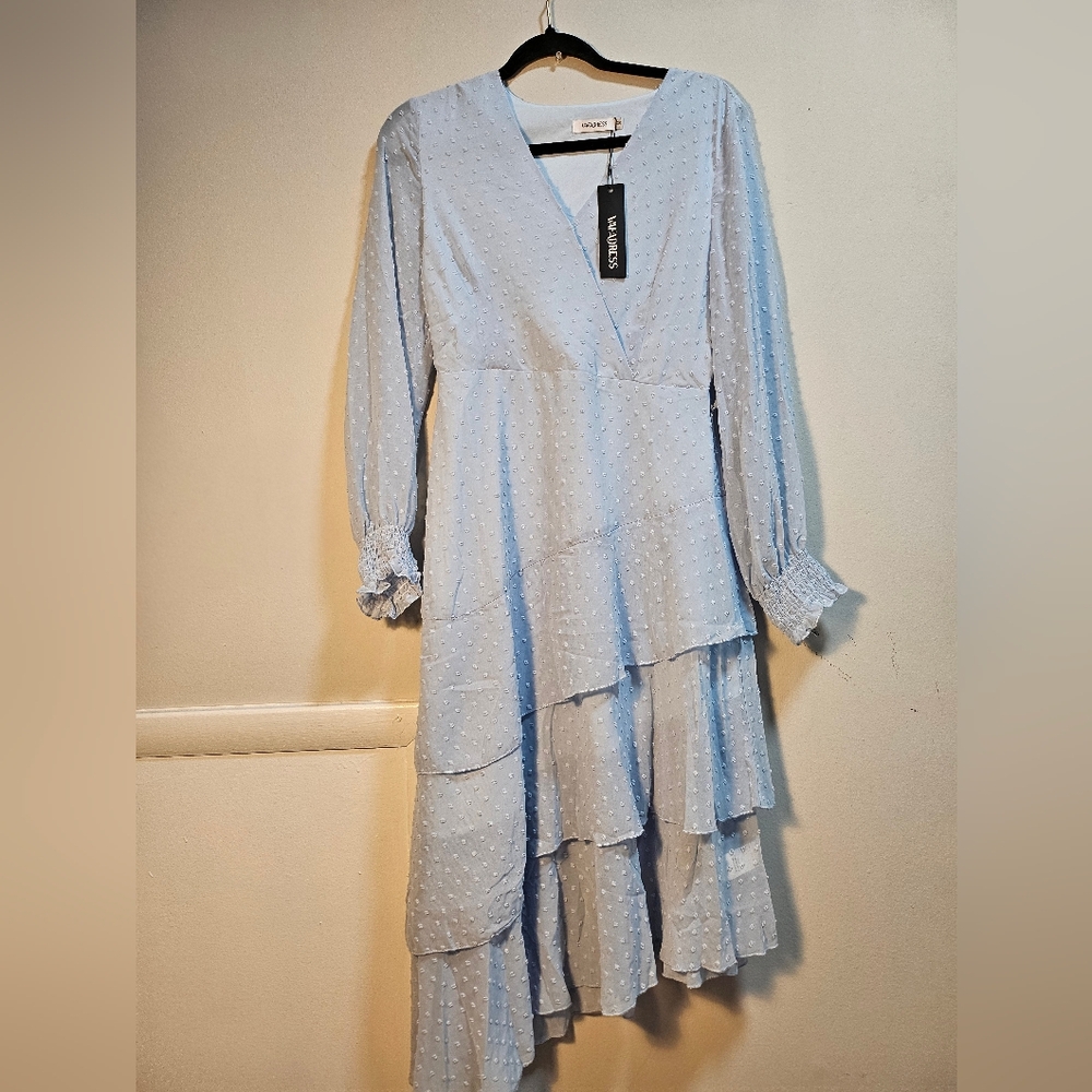 Sky Blue Long Sleeve Tiered Dress